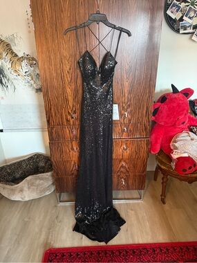 B Darlin Black Sequin Spaghetti-Strap Evening Gown